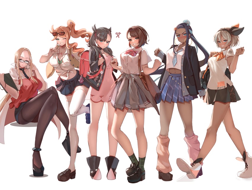 marnie, gloria, nessa, bea, sonia, and 1 more (pokemon and 1 more) drawn by momdy_(talesshinja)