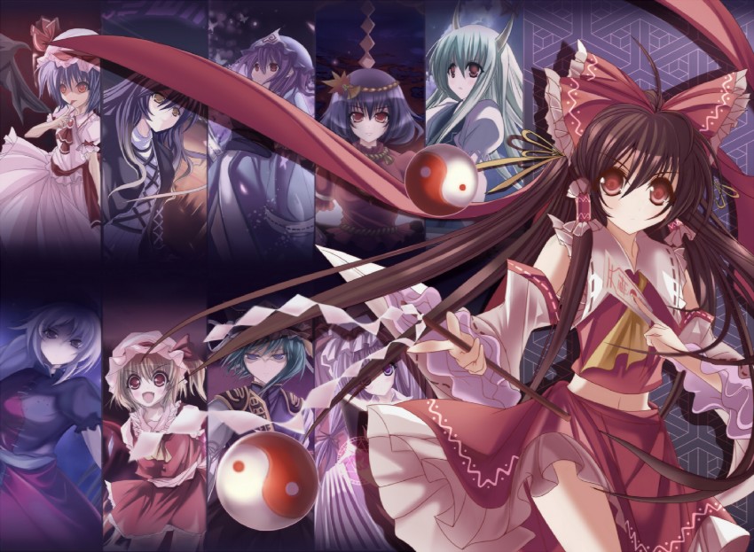 hakurei reimu, remilia scarlet, flandre scarlet, patchouli knowledge, kamishirasawa keine, and 5 more (touhou) drawn by marionette_(excle)
