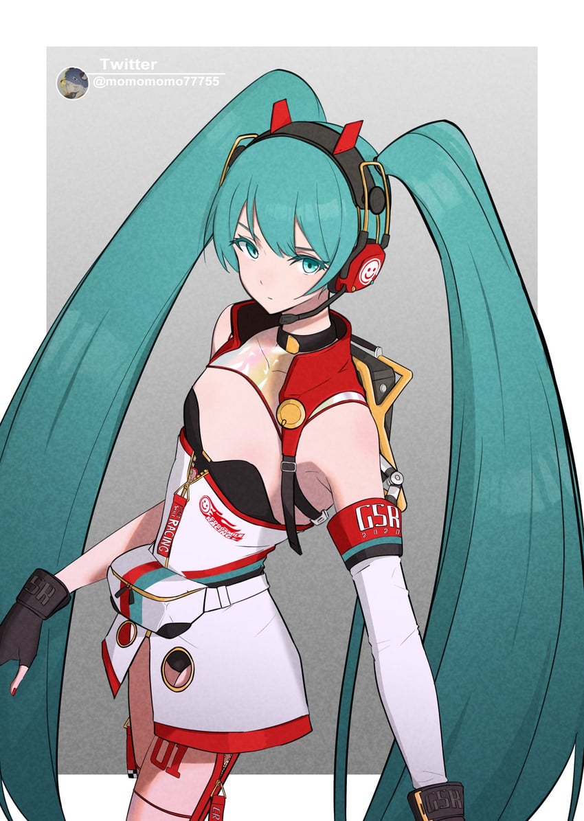 hatsune miku and racing miku (vocaloid and 1 more) drawn by ritsuki_(momomomo77755)