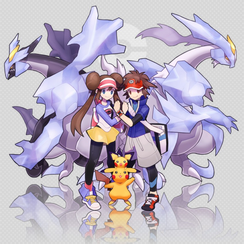 pikachu, rosa, pichu, nate, kyurem, and 2 more (pokemon and 1 more) drawn by haruo_(clownberry)