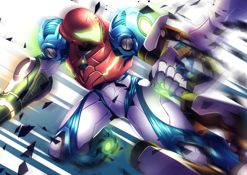 samus aran and e.m.m.i. (metroid and 1 more) drawn by yupi828