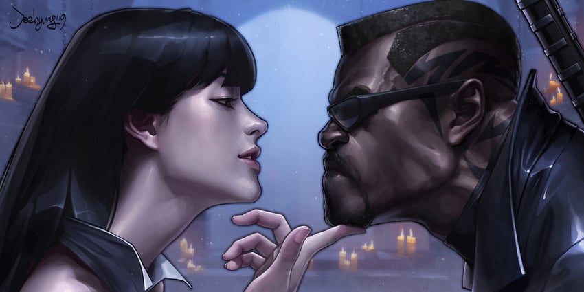vampirella and blade (marvel and 2 more) drawn by jee-hyung_lee