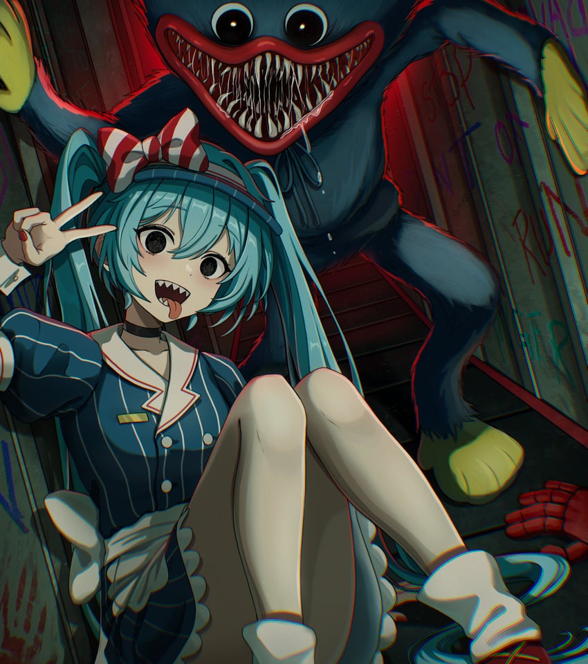 hatsune miku and huggy wuggy (vocaloid and 2 more) drawn by suoniko