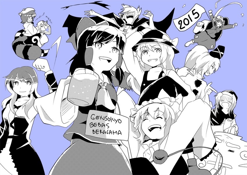 hakurei reimu, kirisame marisa, komeiji koishi, kawashiro nitori, hijiri byakuren, and 6 more (touhou and 1 more) drawn by kapiten70