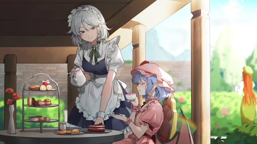 remilia scarlet, izayoi sakuya, and hong meiling (touhou) drawn by sarukana