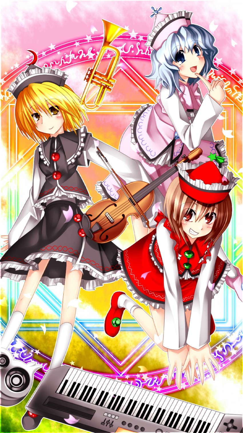 lunasa prismriver, merlin prismriver, and lyrica prismriver (touhou) drawn by kazetto