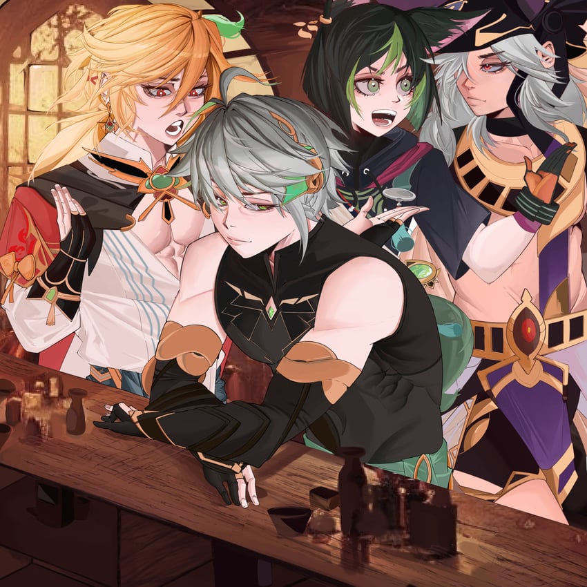 alhaitham, tighnari, kaveh, and cyno (genshin impact) drawn by jobin_chan