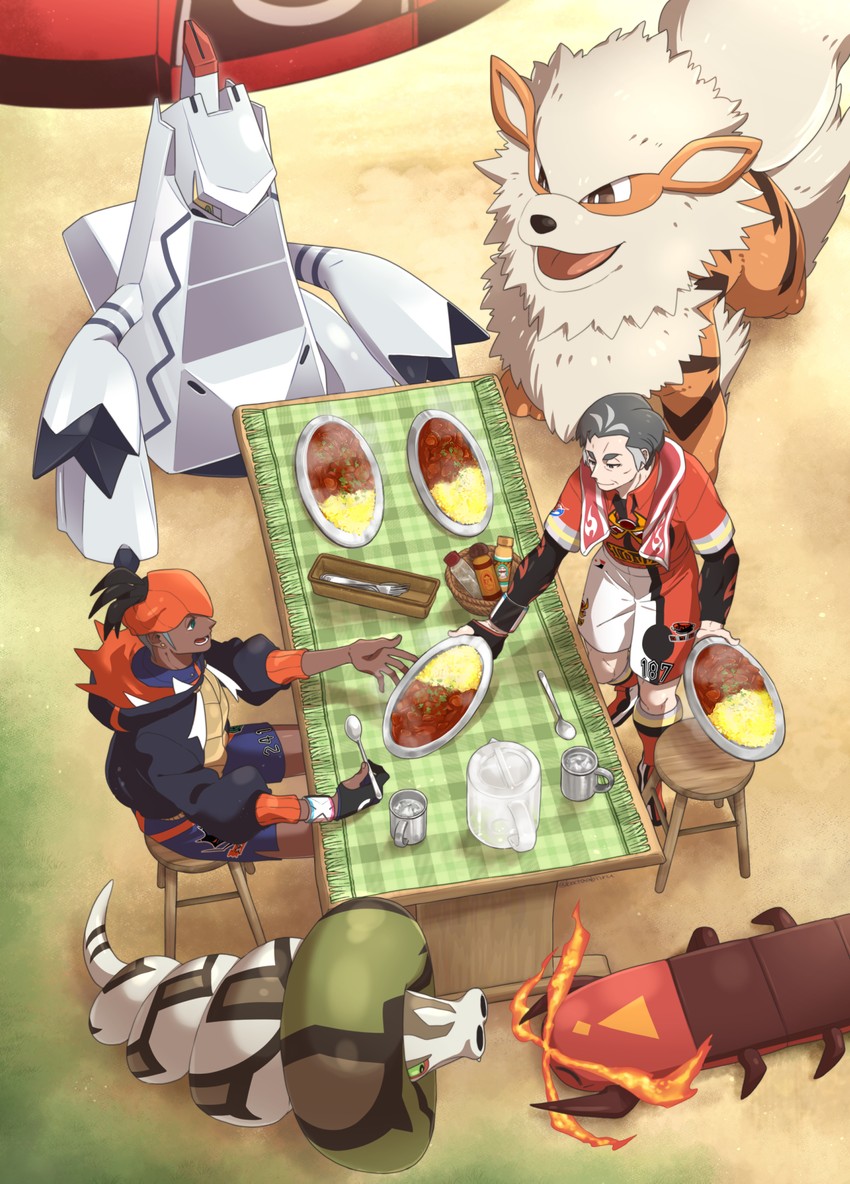 raihan, arcanine, kabu, duraludon, centiskorch, and 1 more (pokemon and 1 more) drawn by batabiru