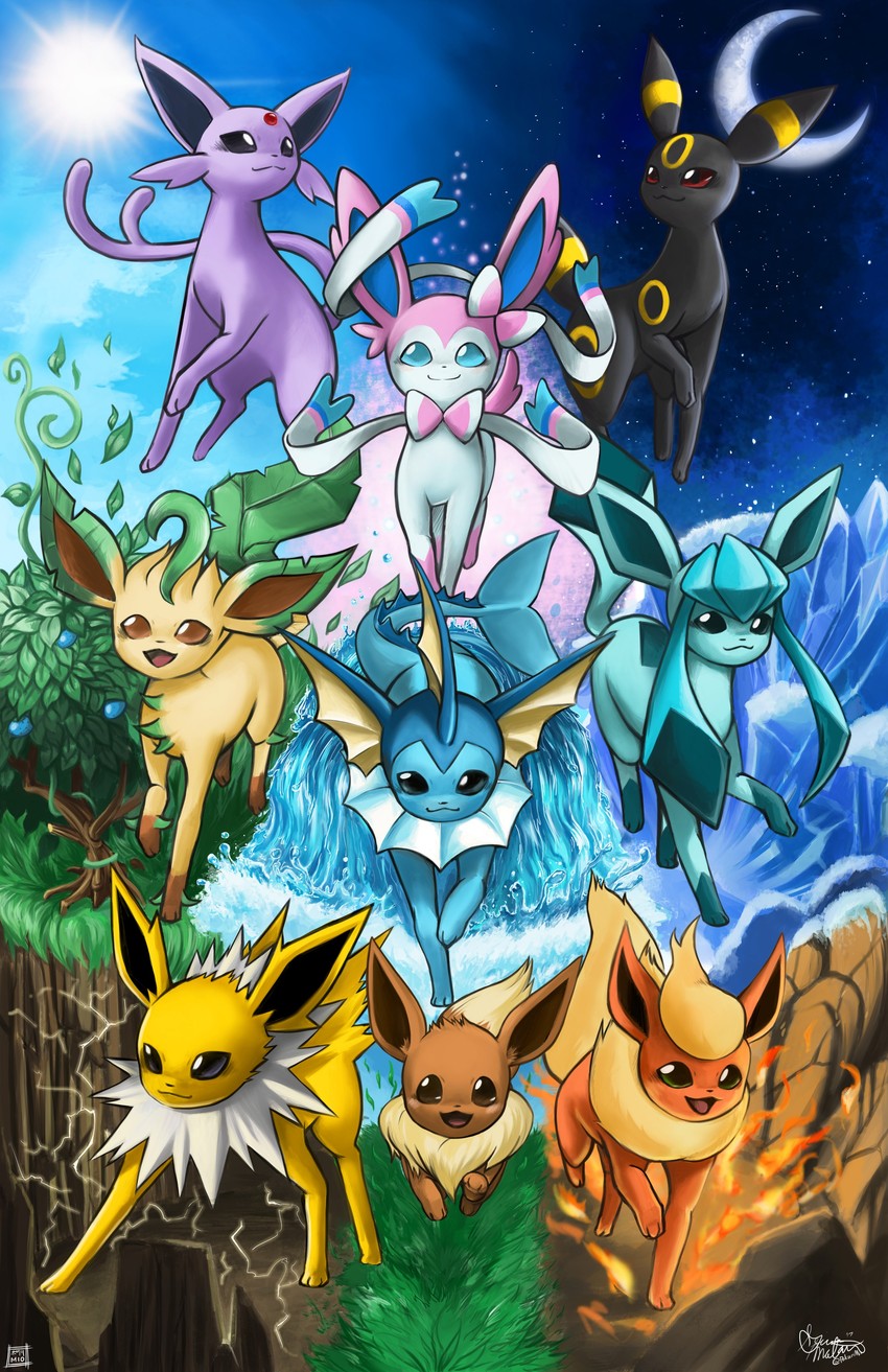 eevee, sylveon, umbreon, glaceon, vaporeon, and 4 more (pokemon) drawn by pokurimio