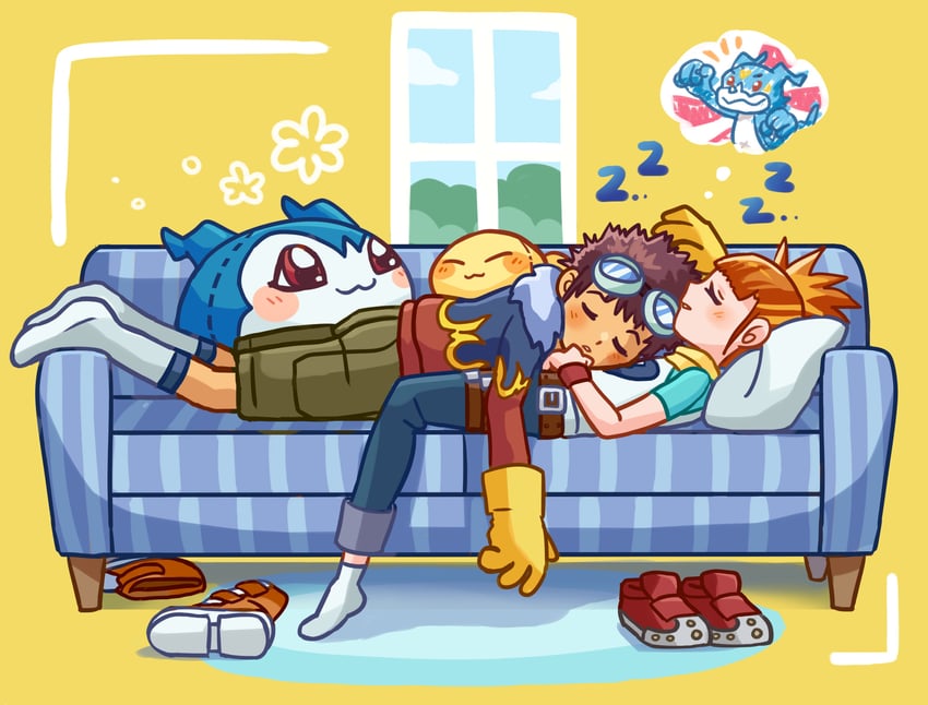 makino ruki, v-mon, motomiya daisuke, chibimon, and relemon (digimon and 2 more) drawn by ryllen