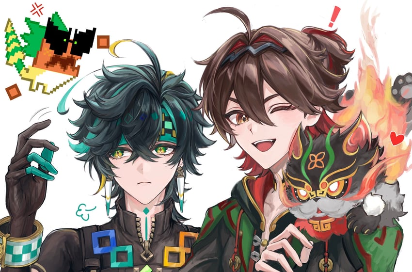 kinich, ajaw, gaming, and man chai (genshin impact) drawn by yugonm222