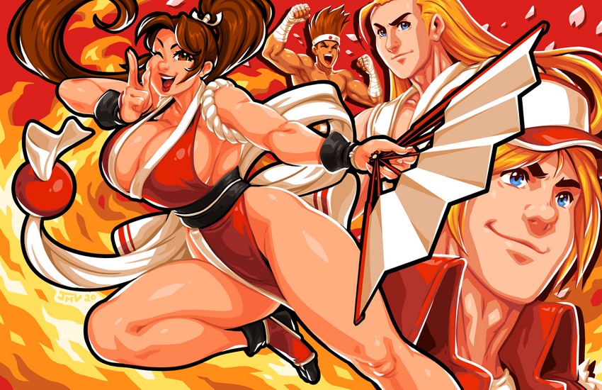 shiranui mai, terry bogard, andy bogard, and joe higashi (the king of fighters and 1 more) drawn by jmanvelez