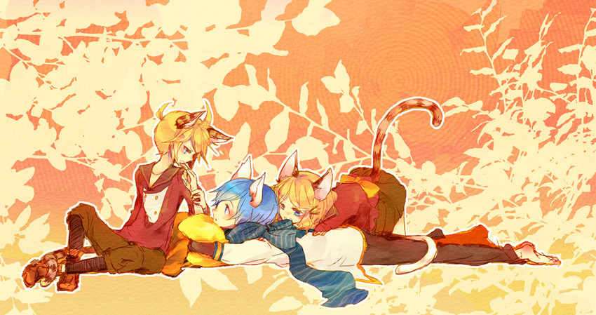 kagamine rin, kagamine len, and kaito (vocaloid) drawn by hakiri_(h_rsc)