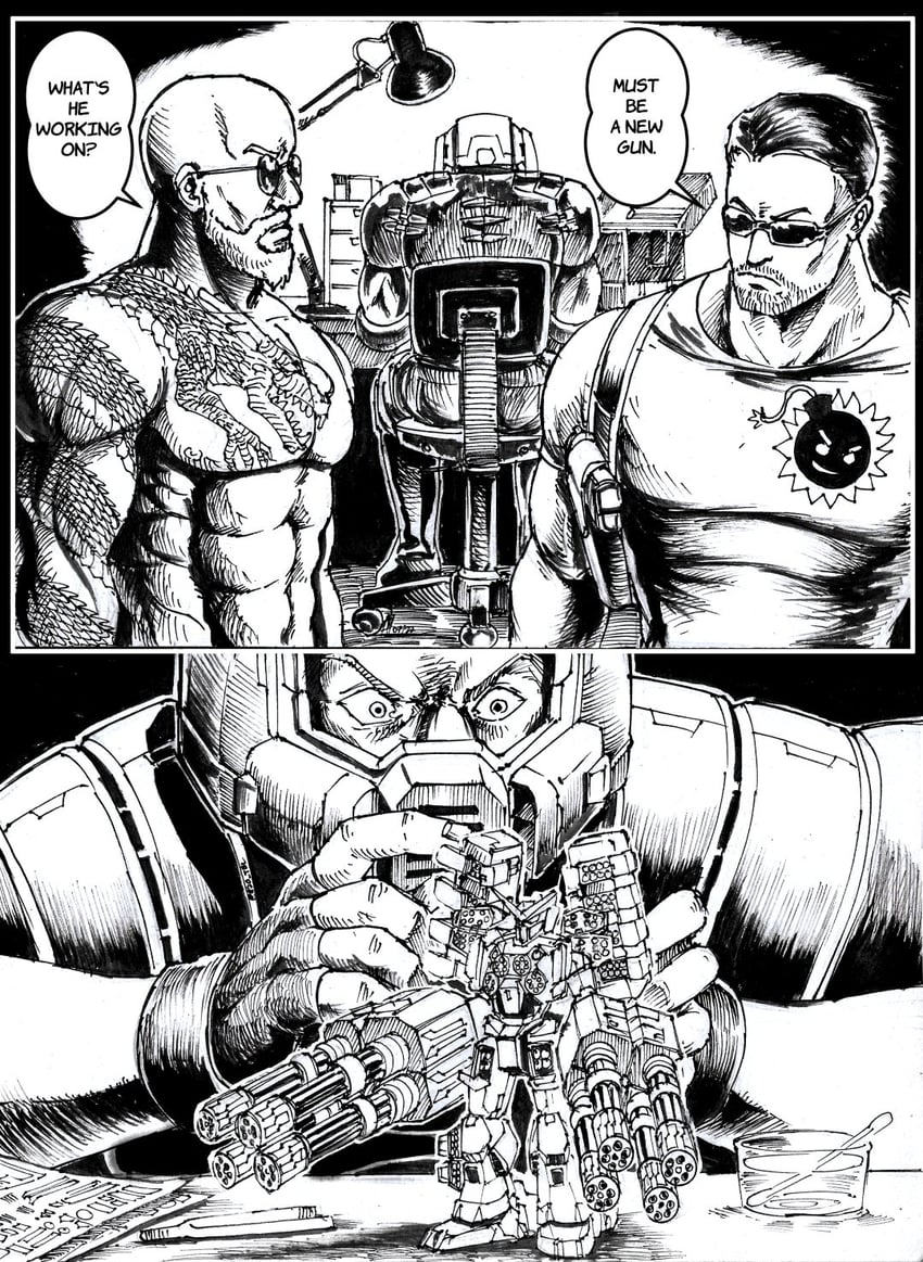 doomguy, gundam heavyarms custom, sam stone, and lo wang (gundam and 5 more) drawn by substance20