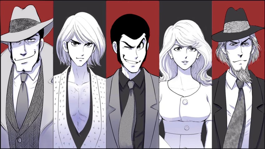 arsene lupin iii, jigen daisuke, mine fujiko, ishikawa goemon xiii, and zenigata kouichi (lupin iii) drawn by goekakisan_(adelma)