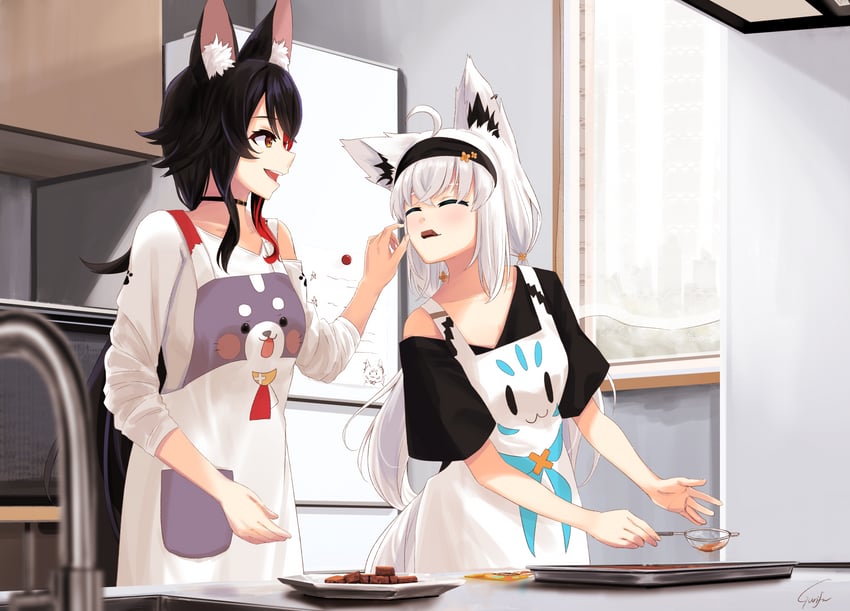shirakami fubuki, ookami mio, sukonbu, and miofa (hololive) drawn by gurifu
