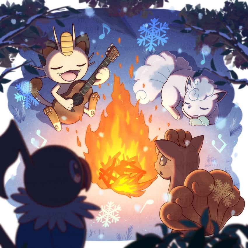 meowth, alolan vulpix, vulpix, and chatot (pokemon) drawn by wataame4907