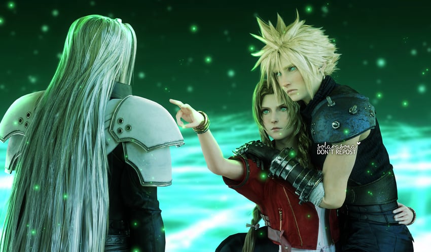 cloud strife, aerith gainsborough, and sephiroth (final fantasy and 3 more) drawn by solarasona