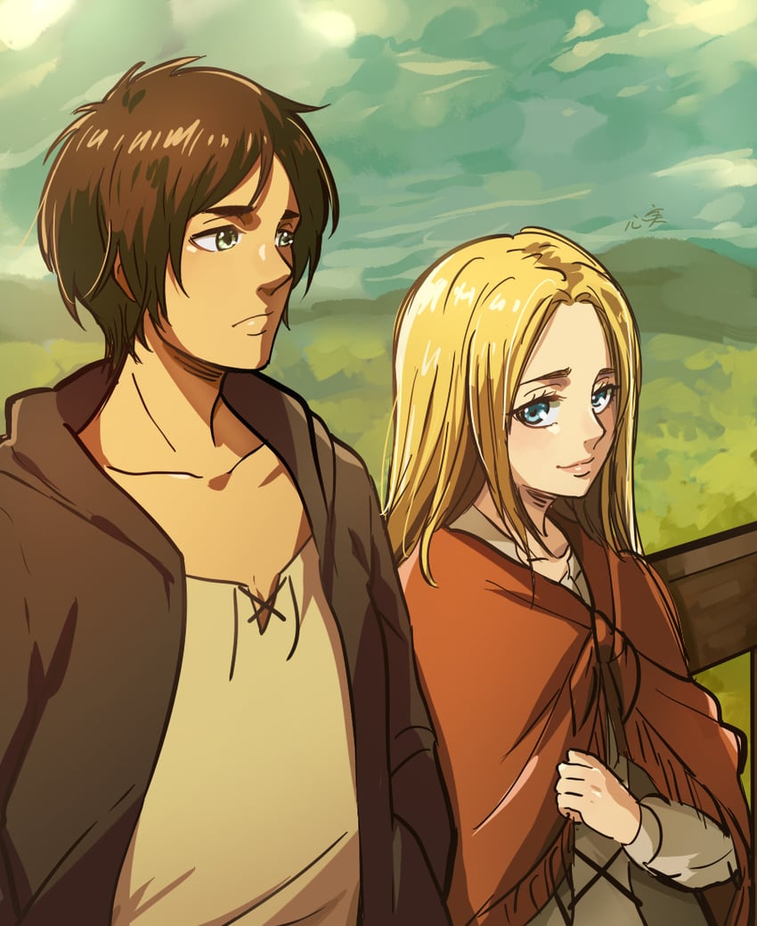 eren yeager and krista lenz (shingeki no kyojin) drawn by kokomi_(aniesuakkaman)