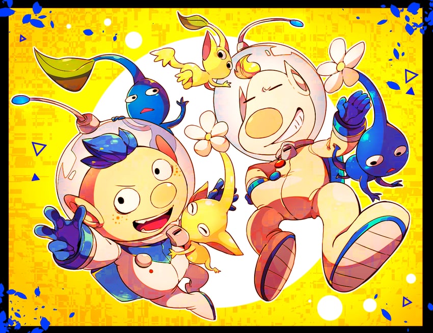yellow pikmin, blue pikmin, louie, and alph (pikmin) drawn by shirushiki