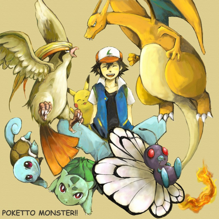 pikachu, ash ketchum, charizard, bulbasaur, squirtle, and 2 more (pokemon) drawn by uzaki_(jiro)