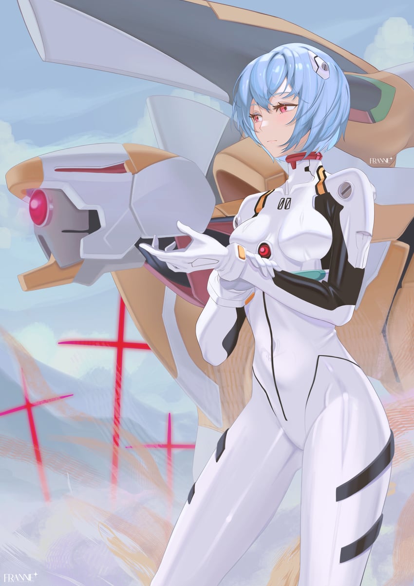 ayanami rei and eva 00 (neon genesis evangelion and 2 more) drawn by franniexo