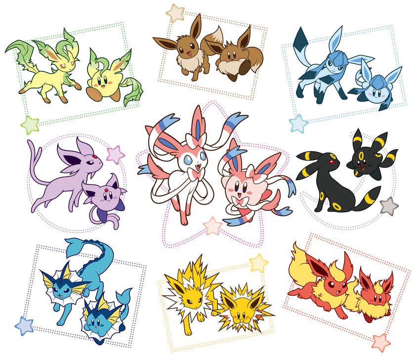 kirby, eevee, sylveon, umbreon, glaceon, and 5 more (pokemon and 1 more) drawn by sakuramochi_(nindoro)