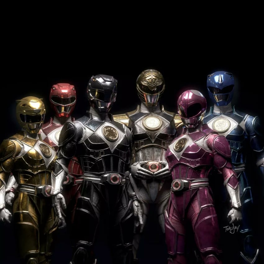 tyranno ranger, ptera ranger, mighty morphin red ranger, mighty morphin pink ranger, tricera ranger, and 7 more (super sentai and 5 more) drawn by tokujay