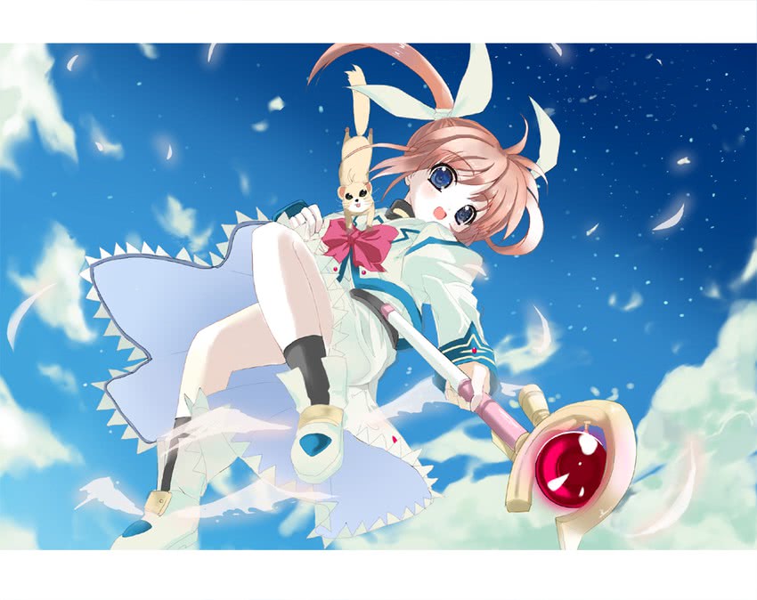 takamachi nanoha, raising heart, and yuuno scrya (lyrical nanoha and 1 more) drawn by shino_(eefy)