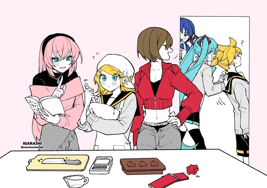 hatsune miku, kagamine rin, kagamine len, megurine luka, kaito, and 1 more (vocaloid) drawn by igarashi_(morimorienoki)