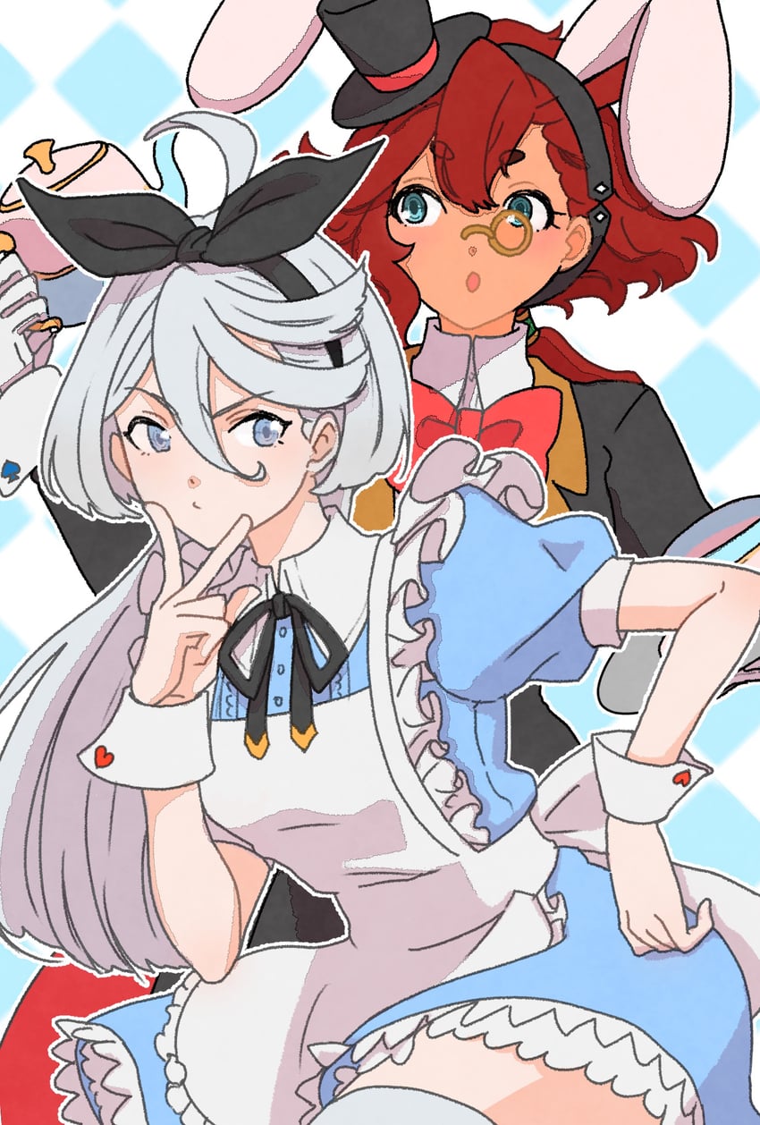 suletta mercury, miorine rembran, alice, and white rabbit (gundam and 2 more) drawn by ninida