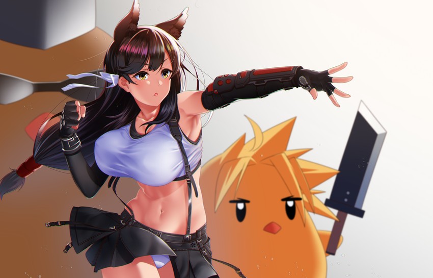 tifa lockhart, cloud strife, manjuu, atago, and barret wallace (azur lane and 3 more) drawn by kagiyama_(clave)