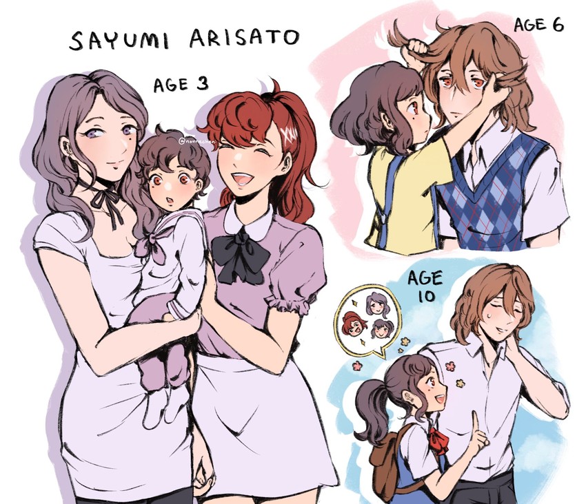 shiomi kotone, akechi gorou, and hasegawa saori (persona and 3 more) drawn by bagel_(nonnecheri)