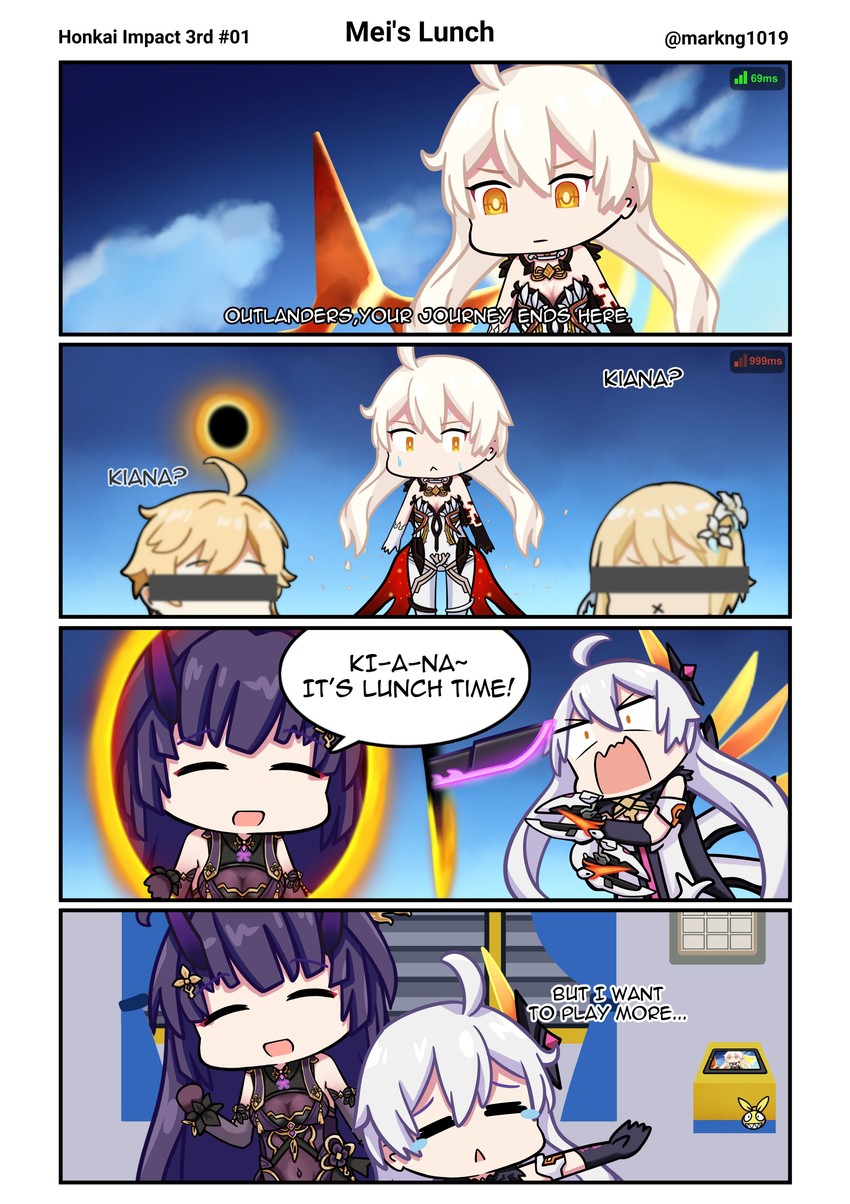 lumine, aether, kiana kaslana, raiden mei, homu, and 2 more (genshin impact and 4 more) drawn by mark1019