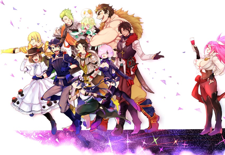 mash kyrielight, fujimaru ritsuka, achilles, francis drake, charlotte corday, and 7 more (fate and 1 more) drawn by takashi_(onikukku)