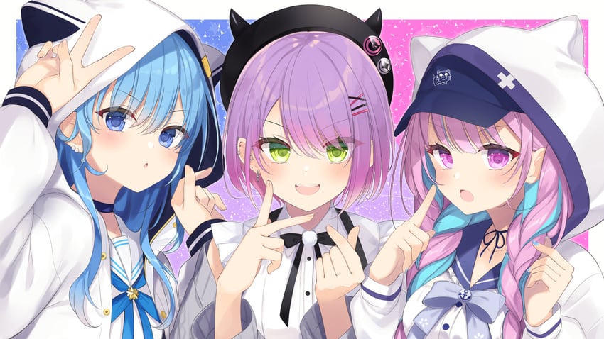 hoshimachi suisei, minato aqua, and tokoyami towa (hololive) drawn by sasahara_wakaba