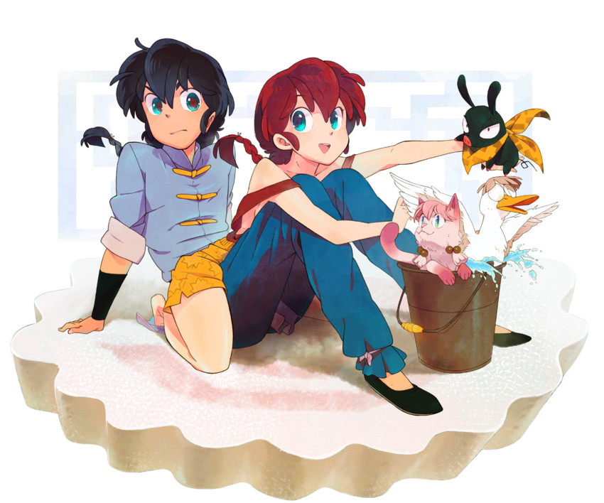 ranma-chan, saotome ranma, p-chan, shampoo, and mousse (ranma 1/2) drawn by apple-boy