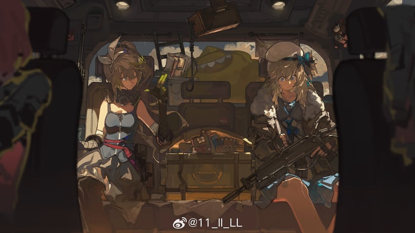 female commander, vepley, sharkry, and mr. pizza (girls' frontline and 1 more) drawn by 11_ll_ll