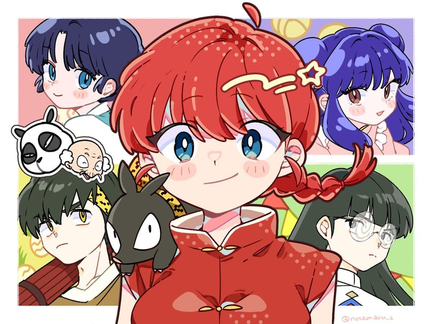 ranma-chan, shampoo, tendou akane, hibiki ryouga, mousse, and 2 more (ranma 1/2) drawn by notamaru_2