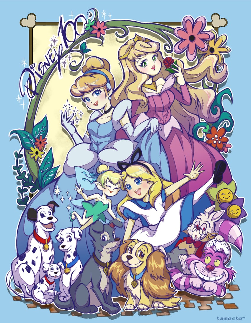 tinker bell, aurora, cinderella, alice, cheshire cat, and 5 more (disney and 6 more) drawn by ame_(tameste)
