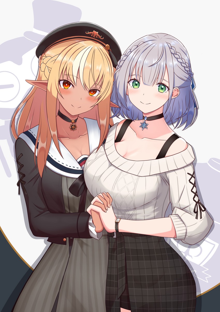 shirogane noel, shiranui flare, and kintsuba (hololive) drawn by pipin_try