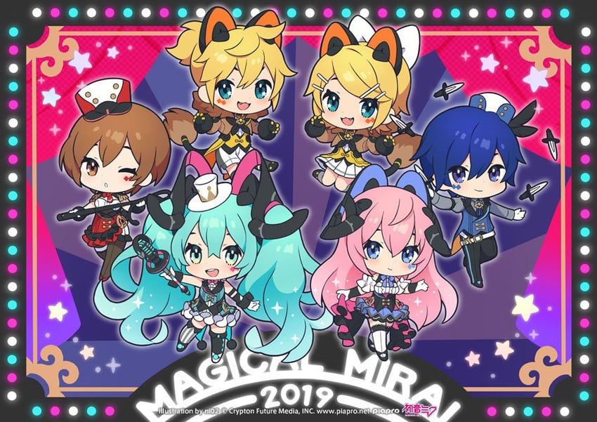 hatsune miku, kagamine rin, kagamine len, megurine luka, kaito, and 7 more (vocaloid and 1 more) drawn by ni02_(asahi_nini)