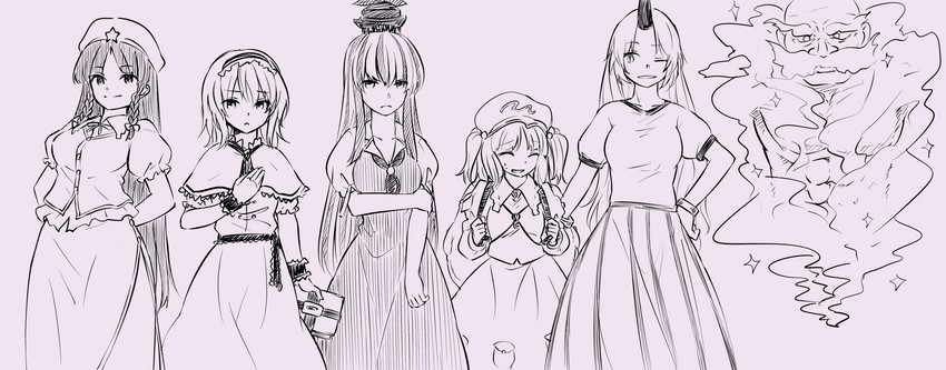 alice margatroid, hong meiling, kawashiro nitori, kamishirasawa keine, hoshiguma yuugi, and 1 more (touhou) drawn by miyo_(ranthath)