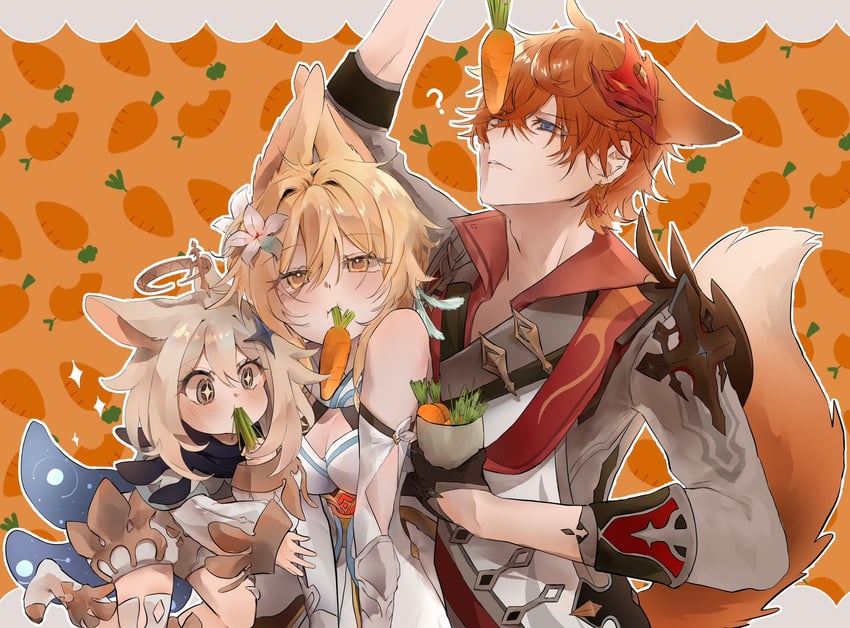 lumine, paimon, and tartaglia (genshin impact) drawn by raloloit