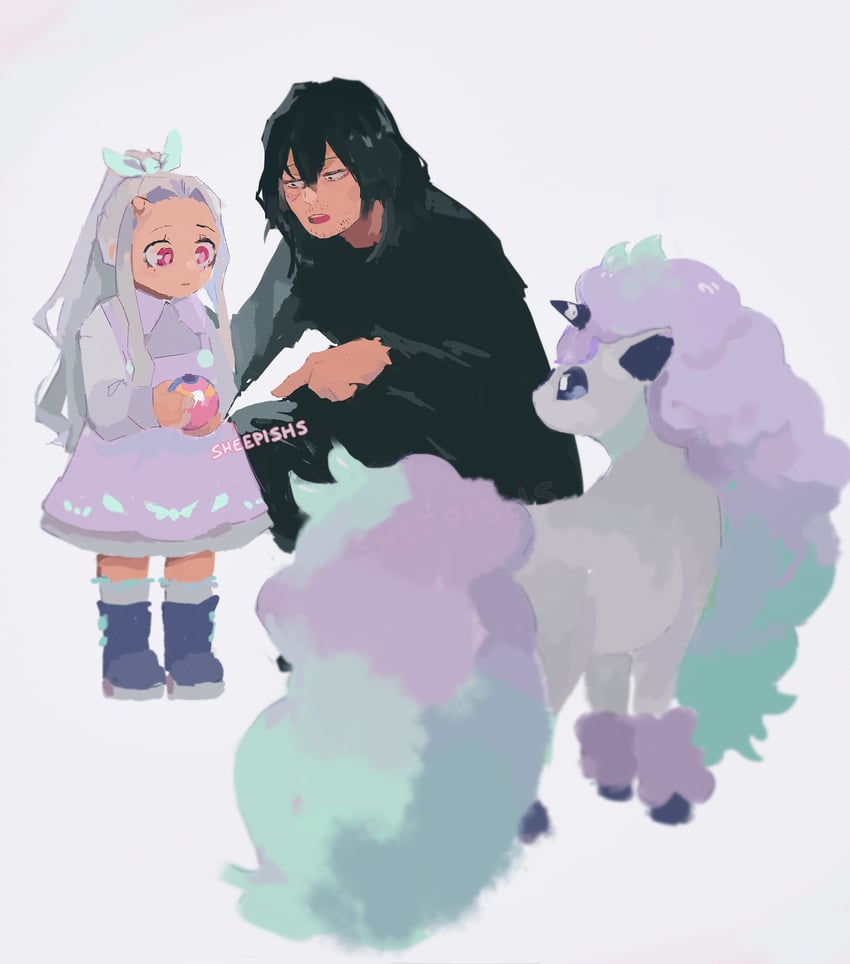 aizawa shota, eri, and galarian ponyta (pokemon and 1 more) drawn by sheepishs