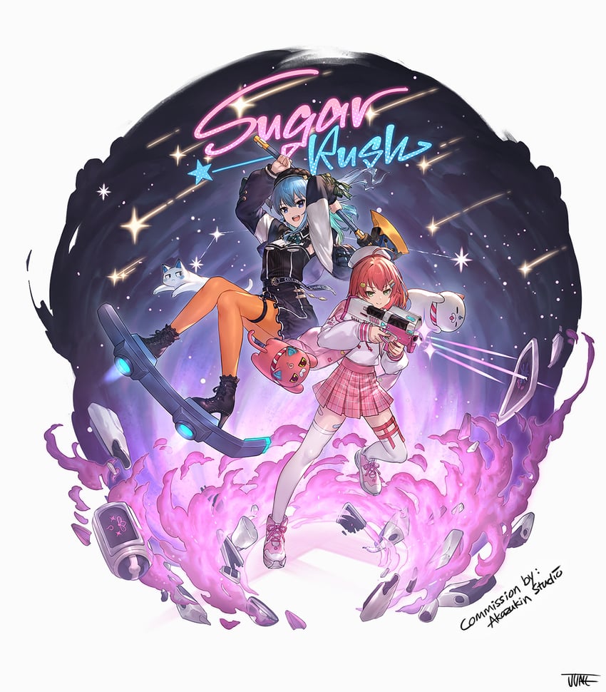 hoshimachi suisei, sakura miko, 35p, kintoki, and takoyaki (hololive and 1 more) drawn by jun_wei