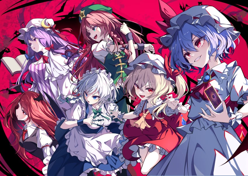 remilia scarlet, flandre scarlet, izayoi sakuya, patchouli knowledge, hong meiling, and 1 more (touhou) drawn by yamanakaume