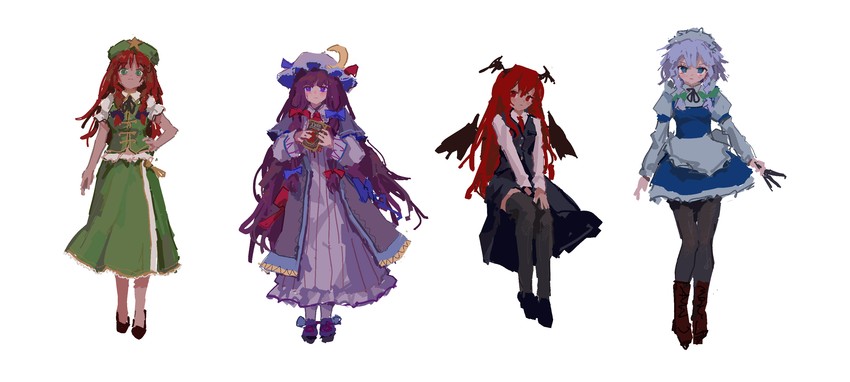 izayoi sakuya, patchouli knowledge, hong meiling, and koakuma (touhou) drawn by reddizen