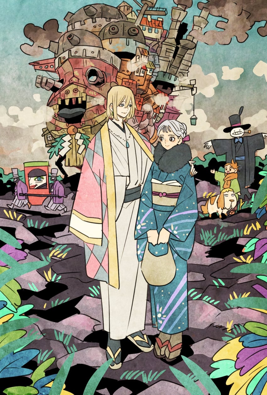 howl pendragon, sophie hatter, markl, heen, kakashi no kabu, and 2 more (howl no ugoku shiro) drawn by takeuchi_ryousuke