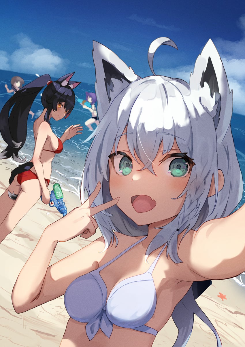 shirakami fubuki, nekomata okayu, ookami mio, and inugami korone (hololive) drawn by cube_(cube00)